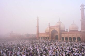 Muslims gather at Jama Masjid to offer prayer on the occasion of Eid-ul-Fitr in New Delhi on Saturday | Suraj Singh Bisht | ThePrint