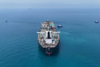 Drone view of oil tanker HELGA berthed at one of Iraq's southern offshore oil terminals near Basra as it prepares to load crude oil, becoming the second vessel to arrive since the closure of the Strait of Hormuz, April 24, 2026. (REUTERS)