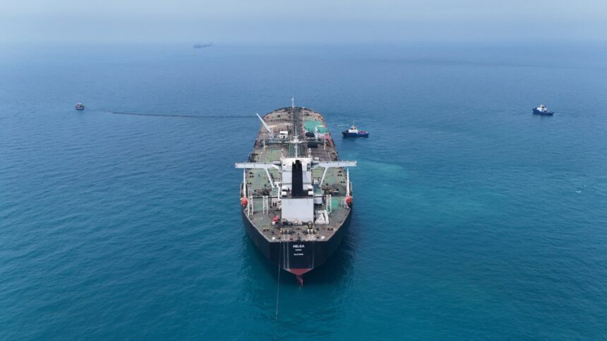 Drone view of oil tanker HELGA berthed at one of Iraq's southern offshore oil terminals near Basra as it prepares to load crude oil, becoming the second vessel to arrive since the closure of the Strait of Hormuz, April 24, 2026. (REUTERS)