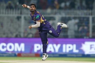 Anukul Roy of Kolkata Knight Riders bowls during an Indian Premier League 2026 match against Mumbai Indians at Eden Gardens, Kolkata. (Photo: CREIMAS for IPL)