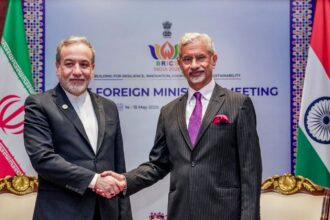 External Affairs Minister S Jaishankar during a meeting with Iran Foreign Minister Abbas Araghchi, left, on the sidelines of the BRICS Foreign Ministers meeting, in New Delhi. (@DrSJaishankar/X via PTI Photo)