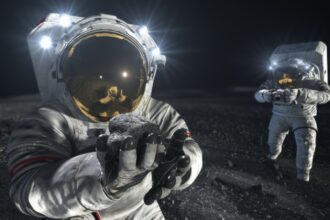 Artist’s Illustration: Two suited crew members work on the lunar surface.