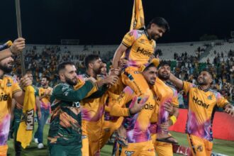 Peshawar Zalmi captain and top scorer Babar Azam is hoisted in the air by his teammates as they celebrate their PSL title. (Photo: PSL Media)