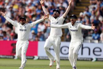 India's captain Shubman Gill, right, along with teammates appeal to the umpire during day four of the second cricket test match between England and India at Edgbaston in Birmingham, England, Saturday, July 5, 2025. (AP Photo/Scott Heppell)