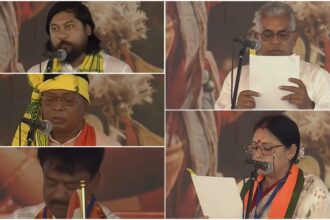 Dilip Ghosh, Agnimitra Paul, Ashok Kirtanya, Kshudiram Tudu, Nisith Pramanik take oath as Bengal Cabinet ministers.