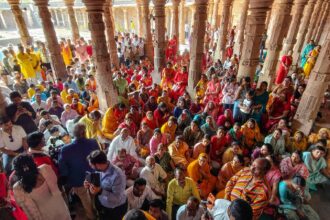 People offer prayers at the Bhojshala complex following the Madhya Pradesh High Court verdict declaring the site a Hindu temple dedicated to Goddess Vagdevi (Saraswati), in Dhar, Madhya Pradesh, May 19. (PTI Photo)