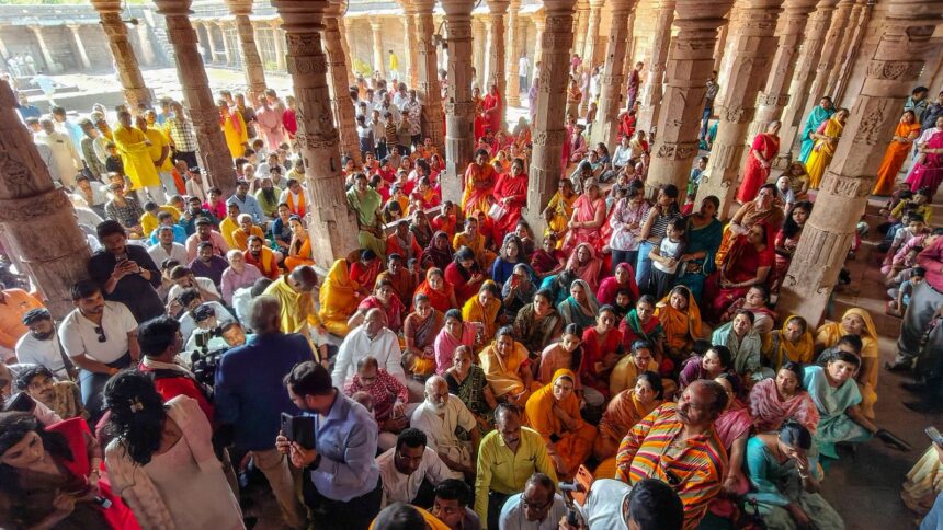 People offer prayers at the Bhojshala complex following the Madhya Pradesh High Court verdict declaring the site a Hindu temple dedicated to Goddess Vagdevi (Saraswati), in Dhar, Madhya Pradesh, May 19. (PTI Photo)