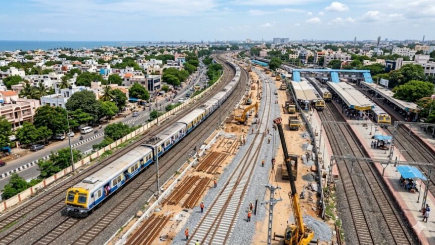 Indian Railways has approved a Rs 993 crore rail line doubling project to improve Chennai suburban train operations. (Image generated using AI)