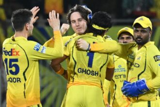 IPL 2026 Points Table Update: Chennai Super Kings' Ramakrishna Ghosh, center, back to the camera, celebrates with teammates the wicket of Mumbai Indians' Suryakumar Yadav during the Indian Premier League cricket match between Chennai Super Kings and Mumbai Indians in Chennai, India, Saturday, May 2, 2026. (AP Photo)