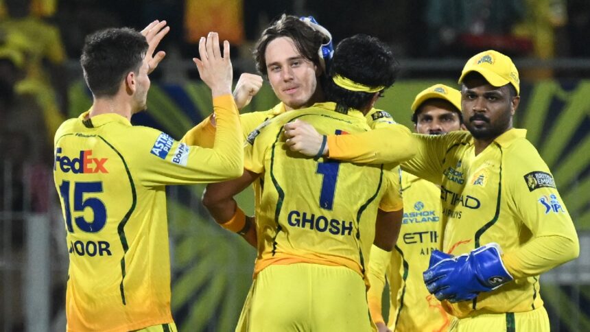 IPL 2026 Points Table Update: Chennai Super Kings' Ramakrishna Ghosh, center, back to the camera, celebrates with teammates the wicket of Mumbai Indians' Suryakumar Yadav during the Indian Premier League cricket match between Chennai Super Kings and Mumbai Indians in Chennai, India, Saturday, May 2, 2026. (AP Photo)