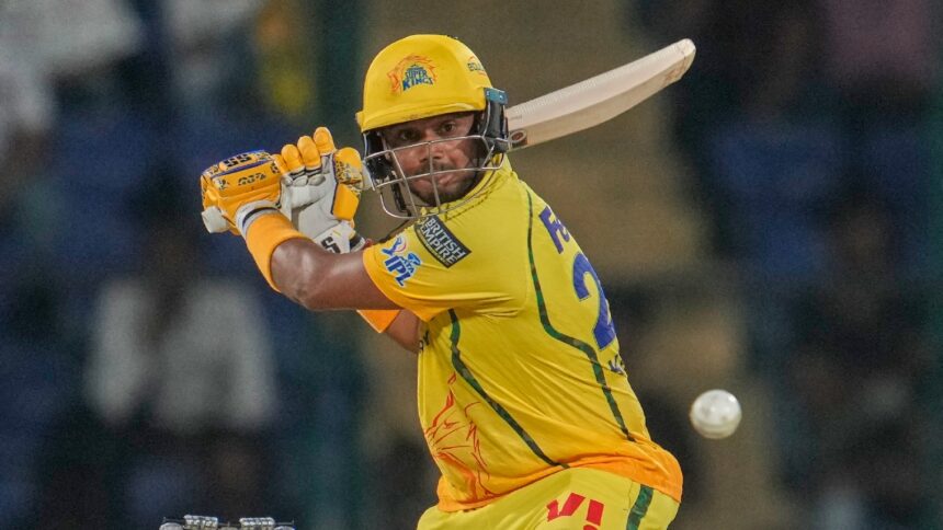 Chennai Super Kings' Kartik Sharma hits a boundary during the Indian Premier League cricket match between Chennai Super Kings and Delhi Capitals in New Delhi, India, Tuesday, May 5, 2026. (AP Photo)