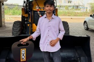 Ayush Kashyap, the deceased, standing in front of his new JCB. Express photo