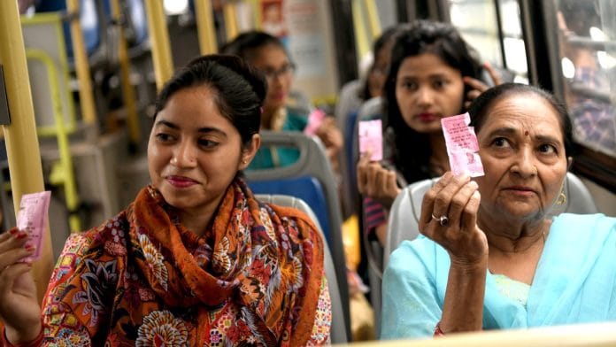 Women showing pink free tickets as they travel on DTC bus | Representational image | ANI/R Raveendran