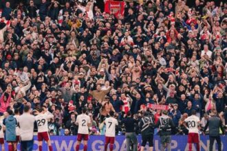 Arsenal celebrates with the crowd after winning their match against West Ham | X