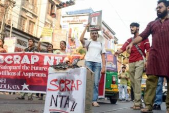 Members of the Students’ Federation of India stage a protest against NTA. | Representational image | ANI