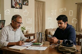 Young adults and parents discussing financial decisions