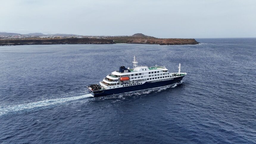 A drone view of the cruise ship MV Hondius, carrying passengers suspected of having cases of hantavirus on board, leaves Praia, Cape Verde, May 6, 2026. (REUTERS)