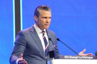US Defence Secretary Pete Hegseth delivers his address during the Shangri-La Dialogue, Asias annual defense and security forum, in Singapore, Saturday. (AP Photo)