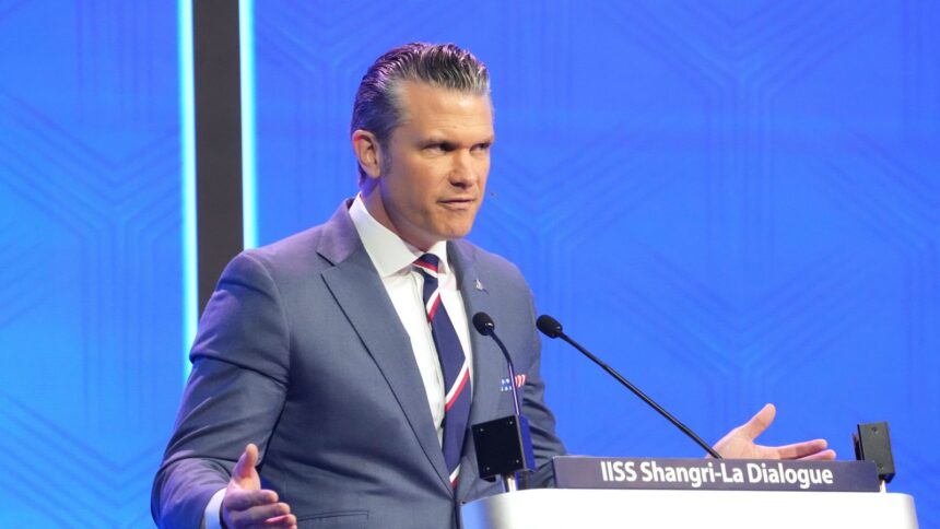 US Defence Secretary Pete Hegseth delivers his address during the Shangri-La Dialogue, Asias annual defense and security forum, in Singapore, Saturday. (AP Photo)
