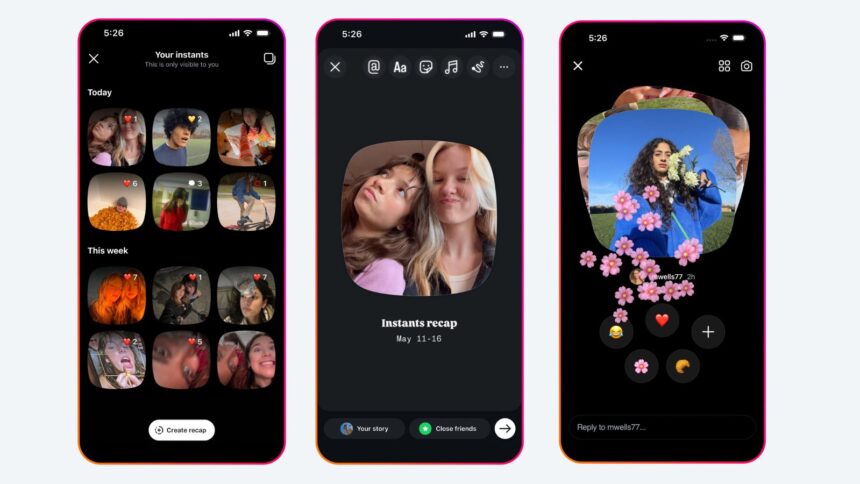 Instagram’s new ‘Instants’ feature lets users share disappearing photos with friends in a single tap. (Image: Meta)