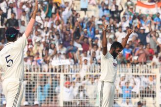 India's Jasprit Bumrah celebrates a wicket against South Africa on Day 1 of the Kolkata Test at Eden Gardens. (Express Photo by Partha Paul)