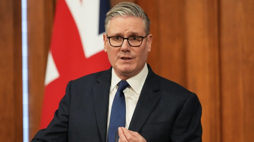 Britain's Prime Minister Keir Starmer speaks during a press conference at Downing Street in London, Wednesday, April 1, 2026. (AP Photo/Frank Augstein, Pool)