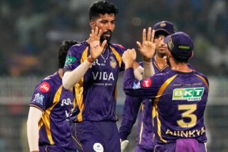 Kolkata Knight Riders' Saurabh Dubey, centre, celebrates with teammates the wicket of Mumbai Indians' Suryakumar Yadav during the Indian Premier League cricket match between Kolkata Knight Riders and Mumbai Indians, in Kolkata , India, Wednesday, May 20, 2026. (AP Photo)