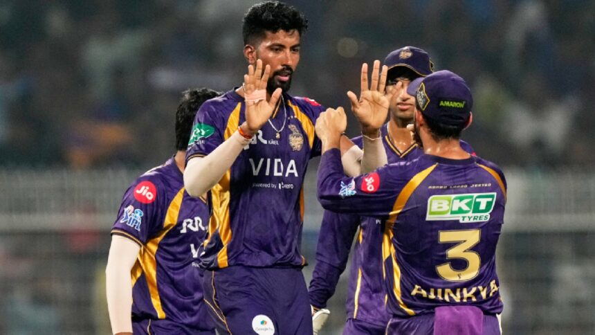 Kolkata Knight Riders' Saurabh Dubey, centre, celebrates with teammates the wicket of Mumbai Indians' Suryakumar Yadav during the Indian Premier League cricket match between Kolkata Knight Riders and Mumbai Indians, in Kolkata , India, Wednesday, May 20, 2026. (AP Photo)