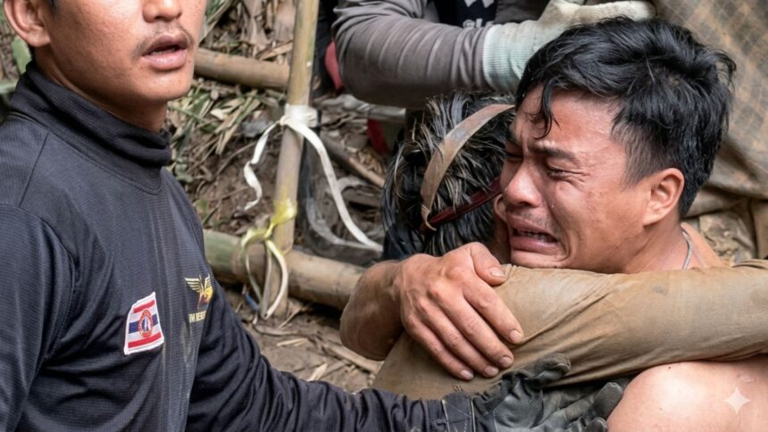 A rescued man is embraced, after seven Lao nationals who had entered a cave to prospect for gold were trapped for more than a week when rising water blocked their exit, in Xaisomboun province, Laos, May 30, 2026, in this screen grab. (REUTERS)