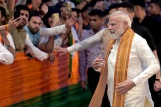 PM Narendra Modi at the BJP headquarters in New Delhi after the party's electoral win in West Bengal and Assam | Suraj Singh Bisht | ThePrint