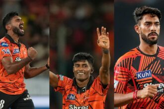 Eshan Malinga, Sakib Hussain and Praful Hinge have formed a formidable pace trio for SRH this season. (AP/ANI Photos)