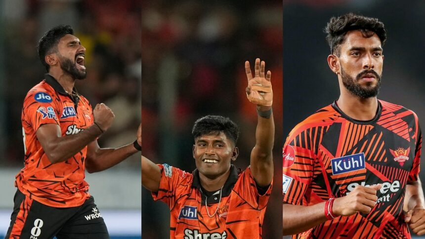 Eshan Malinga, Sakib Hussain and Praful Hinge have formed a formidable pace trio for SRH this season. (AP/ANI Photos)