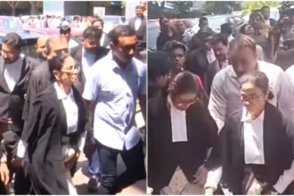 Mamata in lawyer's attire outside the Calcutta High Court (Express Photo/PTI).