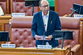 Manipur Chief Minister Yumnam Khemchand Singh speaks during the seventh session of the 12th Manipur Assembly, in Imphal, Monday, March 9, 2026. (PTI Photo) Budget