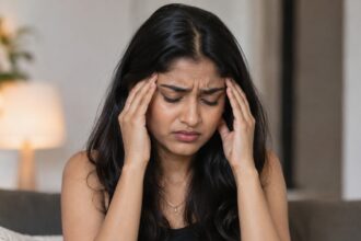 Person experiencing migraine during extreme summer heat