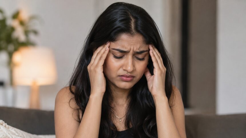 Person experiencing migraine during extreme summer heat