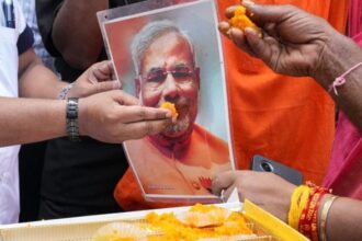 Stay tuned to ThePrint for LIVE UPDATES on Election Results for West Bengal, Tamil Nadu, Kerala, Assam and Puducherry | BJP supporters offer sweets to a portrait of Prime Minister Narendra Modi as they celebrate on the day of Assembly election results, in Kolkata, Monday, May 4, 2026 | PTI