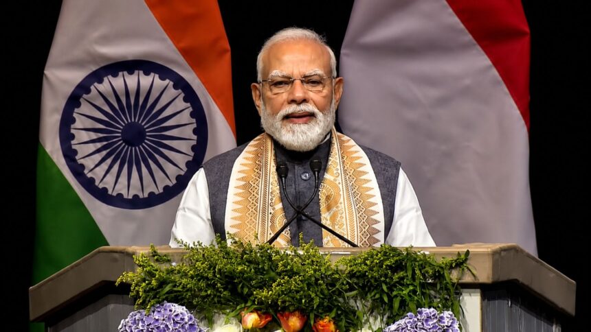 PM Modi addresses the Indian diaspora in Netherlands on Saturday. (YT@BJP)