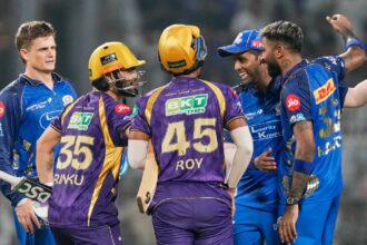 IPL 2026 Points Table Update: Mumbai Indians' captain Hardik Pandya, right, and Suryakumar Yadav congratulate Kolkata Knight Riders' Rinku Singh and Anukul Roy after winning the Indian Premier League cricket match. (AP Photo)