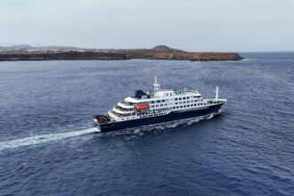 A drone view of the cruise ship MV Hondius, carrying passengers suspected of having cases of hantavirus on board. (File Photo)
