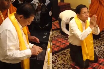 Myanmar President U Min Aung Hlaing at Maha Bodhi Temple. (Screenshot: X/@PTI_News)
