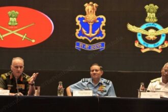 (L-R) Lt Gen Rajiv Ghai, Air Marshal AK Bharti and Vice Admiral AN Pramod addressing the media at Sapta Shakti Hall, HQ South Western Command, Jaipur, on 7 May 2026 | Suraj Singh Bisht/ThePrint