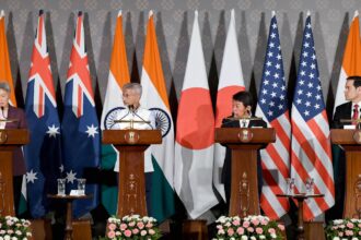 Australia's Foreign Minister Penny Wong addresses during the Quad Foreign Ministers' Joint Press statement, at Hyderabad House, in New Delhi on Tuesday. External Affairs Minister S. Jaishankar, Japan's Foreign Minister Toshimitsu Motegi, and United States Secretary of State Marco Rubio also present. (ANI Photo)