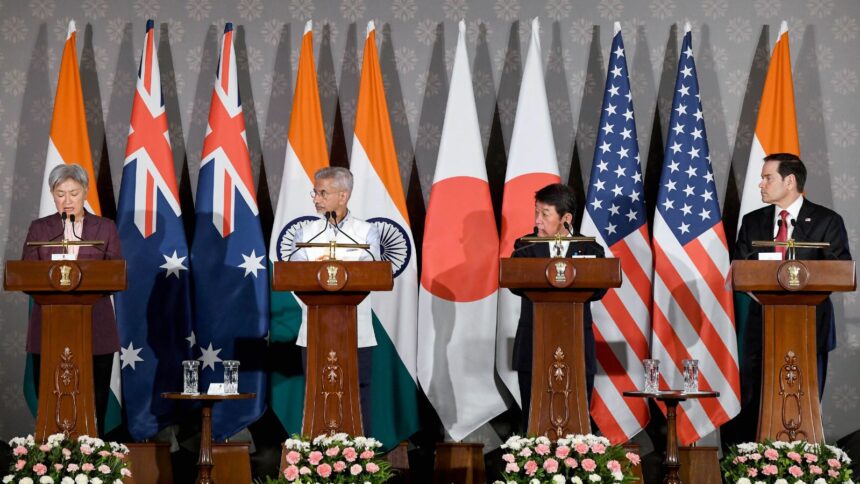 Australia's Foreign Minister Penny Wong addresses during the Quad Foreign Ministers' Joint Press statement, at Hyderabad House, in New Delhi on Tuesday. External Affairs Minister S. Jaishankar, Japan's Foreign Minister Toshimitsu Motegi, and United States Secretary of State Marco Rubio also present. (ANI Photo)