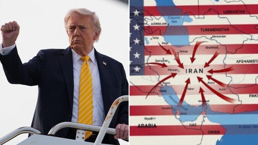 Trump has shared another post on Truth Social featuring an AI-generated image of the Middle East map overlaid with the American flag and multiple red arrows pointed toward Iran (Photo/AP, Truth Social)