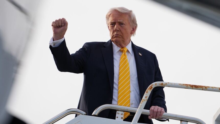 President Donald Trump board Air Force One at Palm Beach International Airport in West Palm Beach, Fla., en route Miami. (AP Photo)