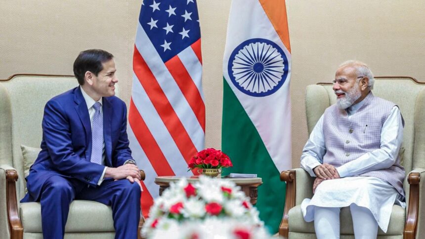 Prime Minister Narendra Modi with US Secretary of State Marco Rubio during a meeting, in New Delhi. (@narendramodi/X via PTI Photo)
