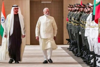 Prime Minister Narendra Modi with UAE President Sheikh Mohamed bin Zayed Al Nahyan during a ceremonial reception, in Abu Dhabi. (@NarendraModiYT via PTI Photo)