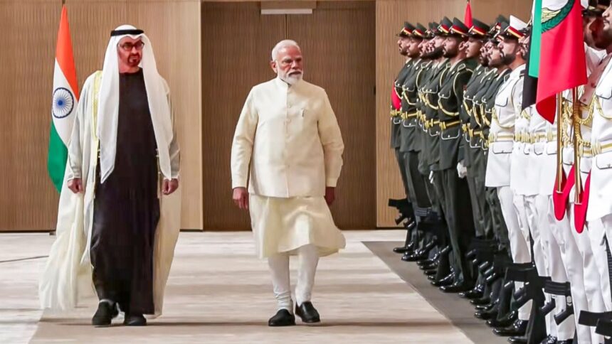 Prime Minister Narendra Modi with UAE President Sheikh Mohamed bin Zayed Al Nahyan during a ceremonial reception, in Abu Dhabi. (@NarendraModiYT via PTI Photo)