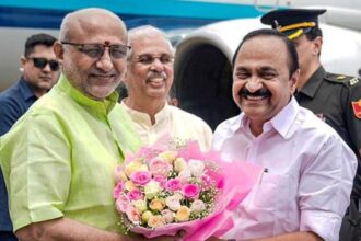 Vice President C P Radhakrishnan being received by Kerala Governor Rajendra Viswanath Arlekar and state Chief Minister VD Satheesan on his arrival, at the Cochin International Airport